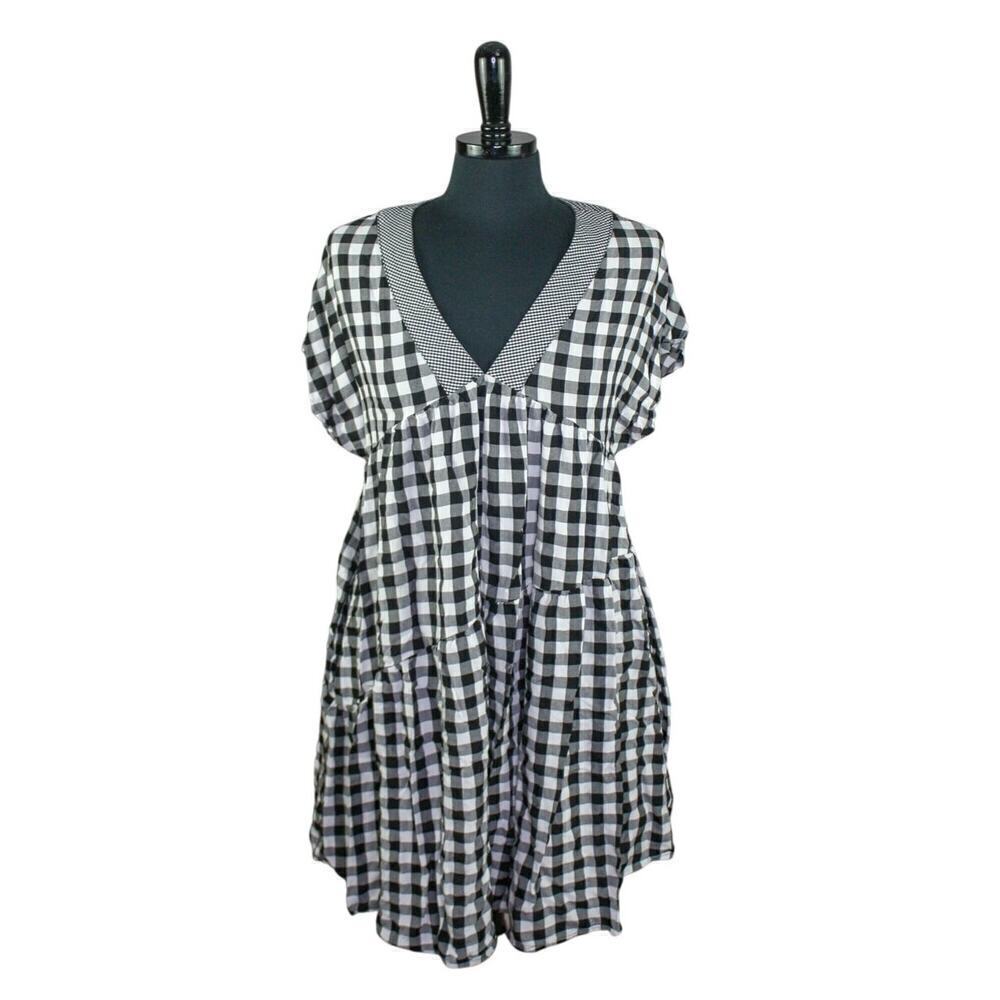 Luxology Gingham Babydoll Dress Black White Checked Empire Waist S - Picture 1 of 4